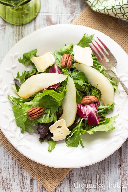 Poached Pear and Brie Salad with Balsamic Vinaigrette | www.themessybakerblog.com