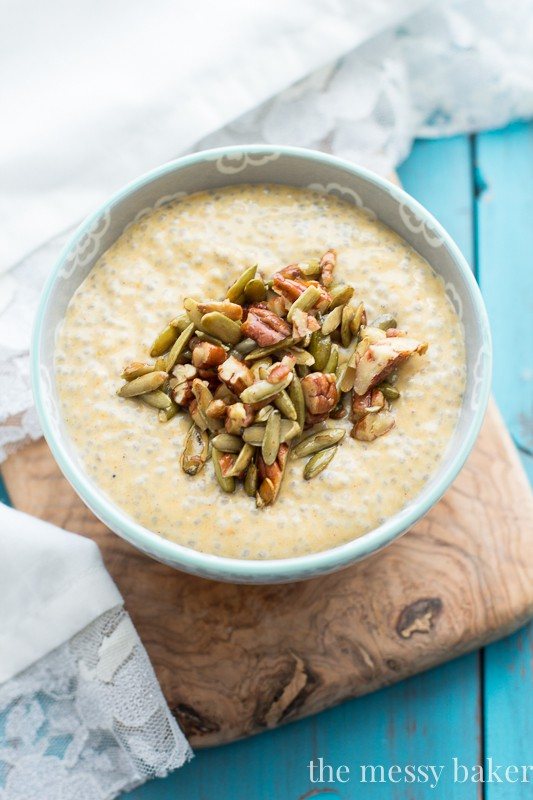 Pumpkin Chia Seed Pudding with Maple Pecans & Pumpkin Seeds | www.themessybakerblog.com | A healthy breakfast or snack inspired by the flavors of fall.