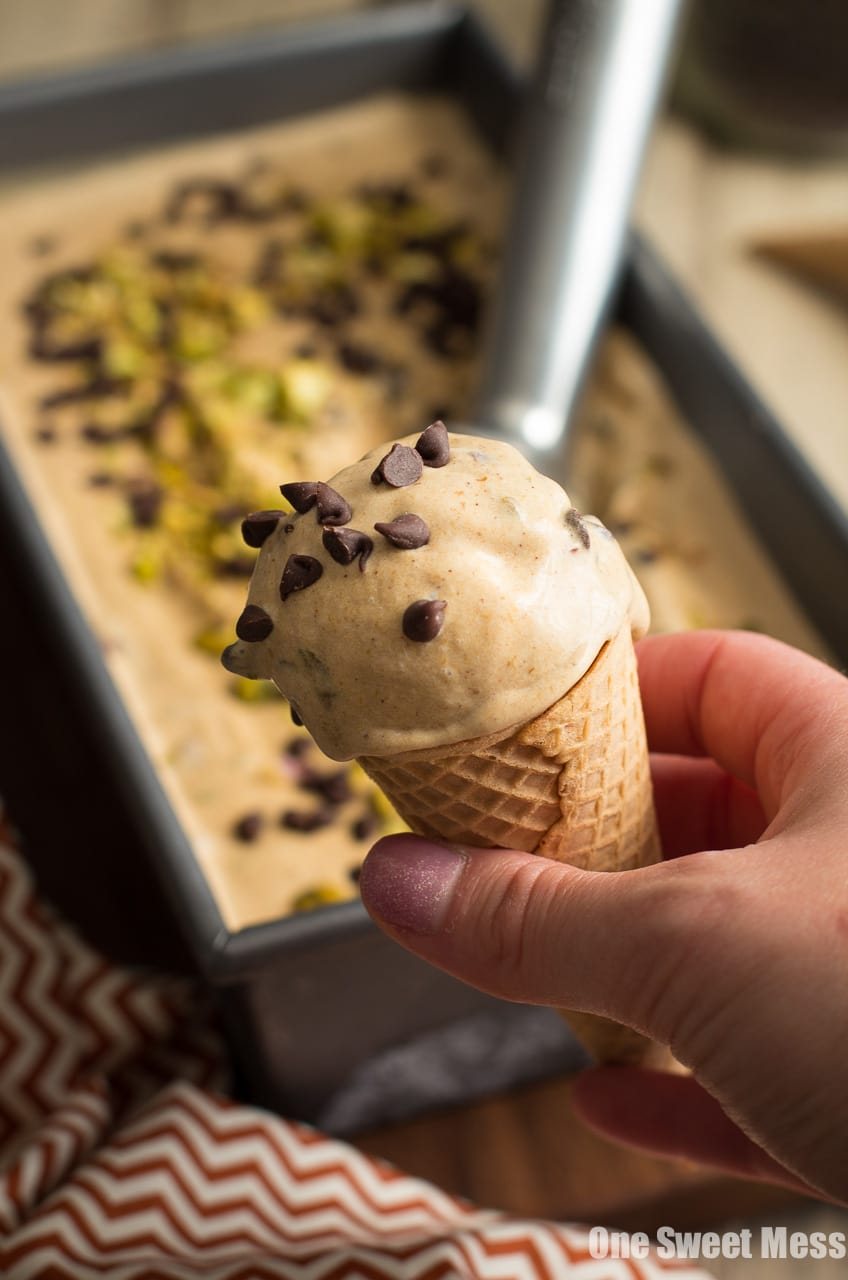 Pumpkin Spice Latte Ice Cream with Toasted Pistachios and Mini Chocolate Chips