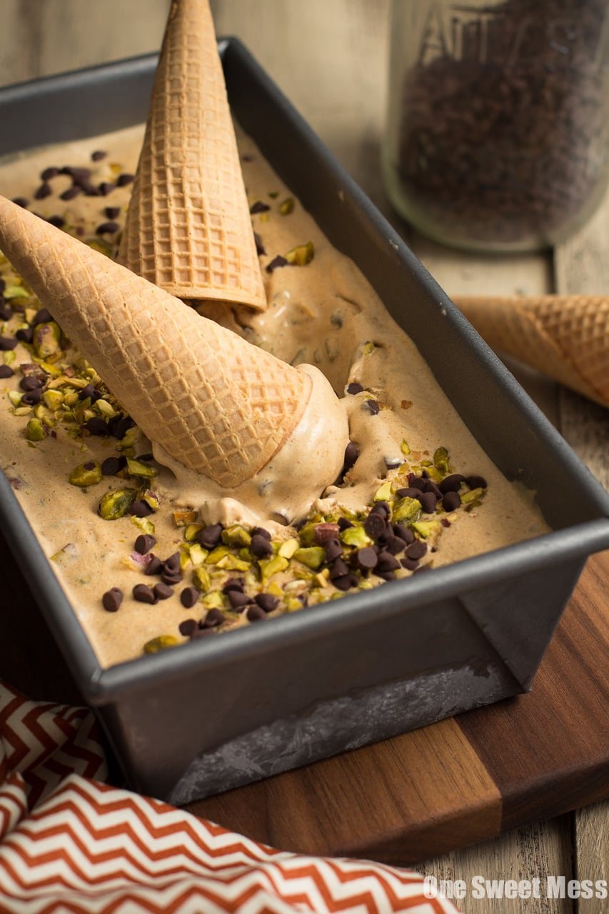 Pumpkin Spice Latte Ice Cream with Toasted Pistachios and Mini Chocolate Chips