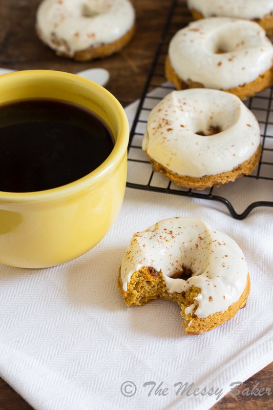 Skinny Pumpkin Cinnamon Chip Donuts with Maple Cream Cheese Glaze | www.themessybakerblog.com -8485