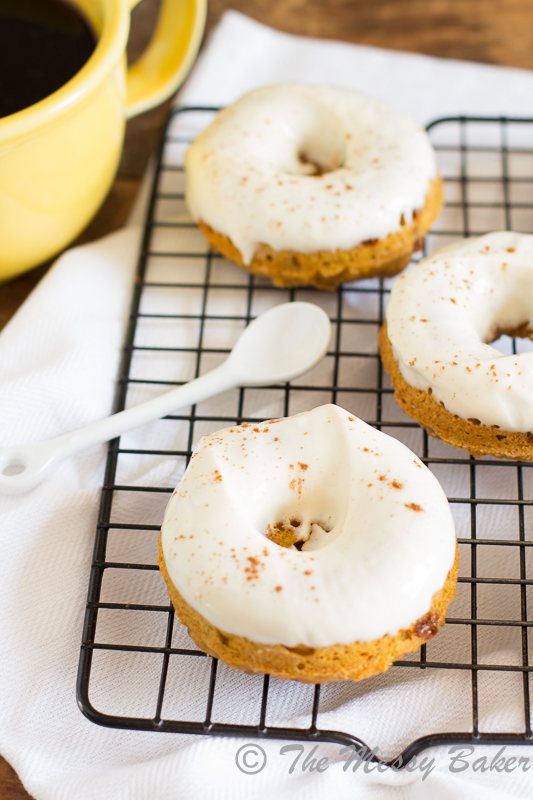 Skinny Pumpkin Cinnamon Chip Donuts with Maple Cream Cheese Glaze | www.themessybakerblog.com -8475
