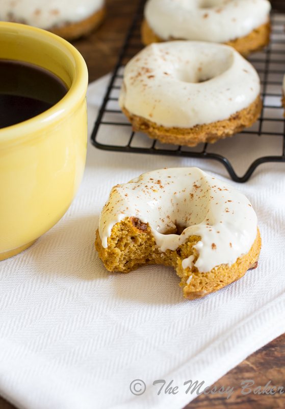 Skinny Pumpkin Cinnamon Chip Donuts with Maple Cream Cheese Glaze | www.themessybakerblog.com -8488