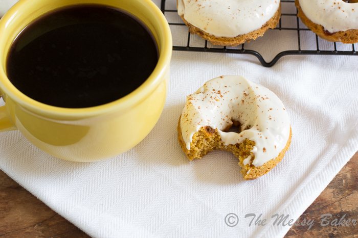 Skinny Pumpkin Cinnamon Chip Donuts with Maple Cream Cheese Glaze | www.themessybakerblog.com -8486
