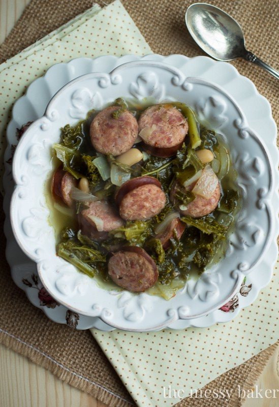 Slow Cooker Kielbasa Soup with Kale and White Beans | www.themessybakerblog.com