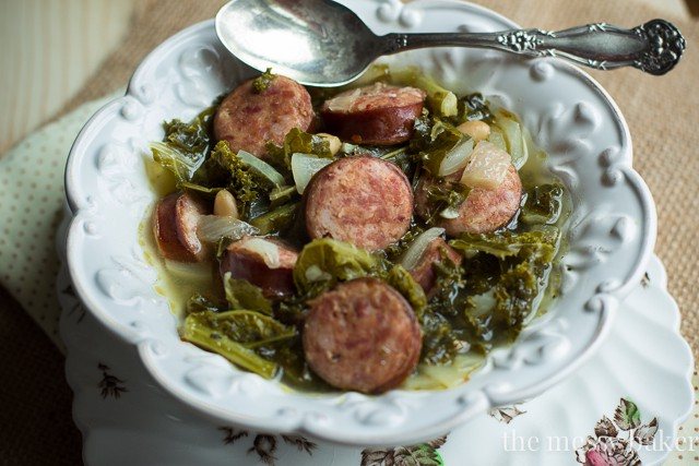 Slow Cooker Kielbasa Soup with Kale and White Beans | www.themessybakerblog.com