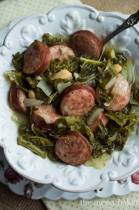 Slow Cooker Kielbasa Soup with Kale and White Beans | www.themessybakerblog.com