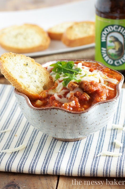 Slow Cooker Pizza Dip with Toasted Garlic Bread Dippers