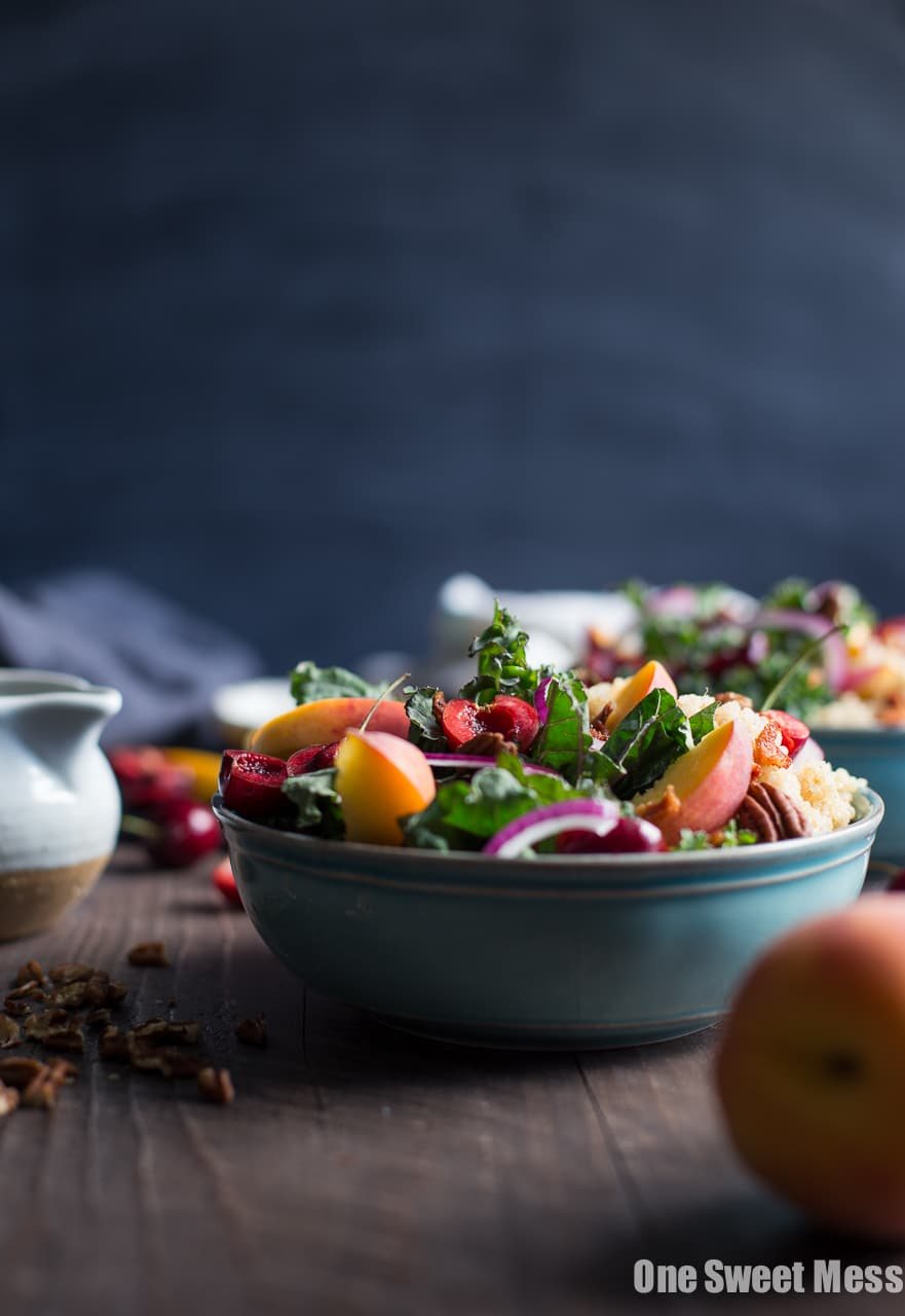 Summer Stone Fruit Kale and Quinoa Salad with Maple Balsamic Vinaigrette (Gluten-Free)