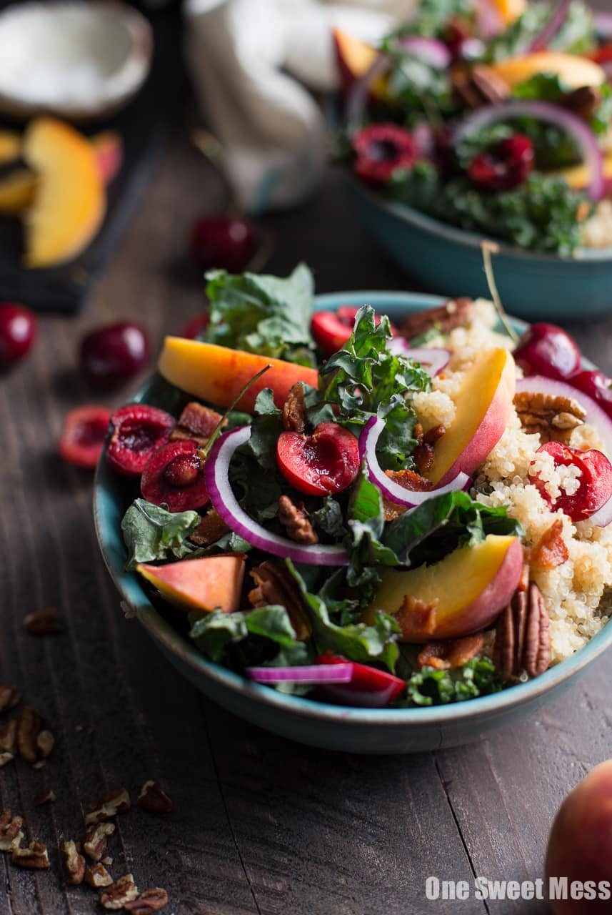 Summer Stone Fruit Kale and Quinoa Salad with Maple Balsamic Vinaigrette (Gluten-Free)