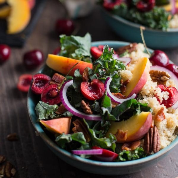 Summer Stone Fruit Kale and Quinoa Salad with Maple Balsamic Vinaigrette (Gluten-Free)