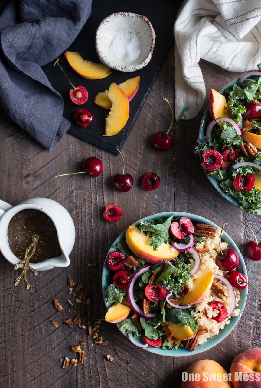 Summer Stone Fruit Kale and Quinoa Salad with Maple Balsamic Vinaigrette (Gluten-Free)