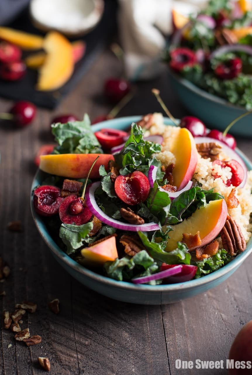 Summer Stone Fruit Kale and Quinoa Salad with Maple Balsamic Vinaigrette (Gluten-Free)