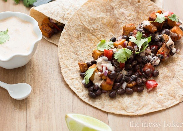 Easy Sweet Potato & Black Bean Tacos with Chipotle Crema | www.themessybakerblog.com #Vegetarian