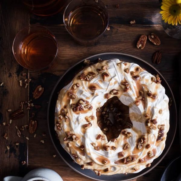 Sweet Potato Bundt Cake with Marshmallow Frosting and Bourbon Pecan Caramel Drizzle