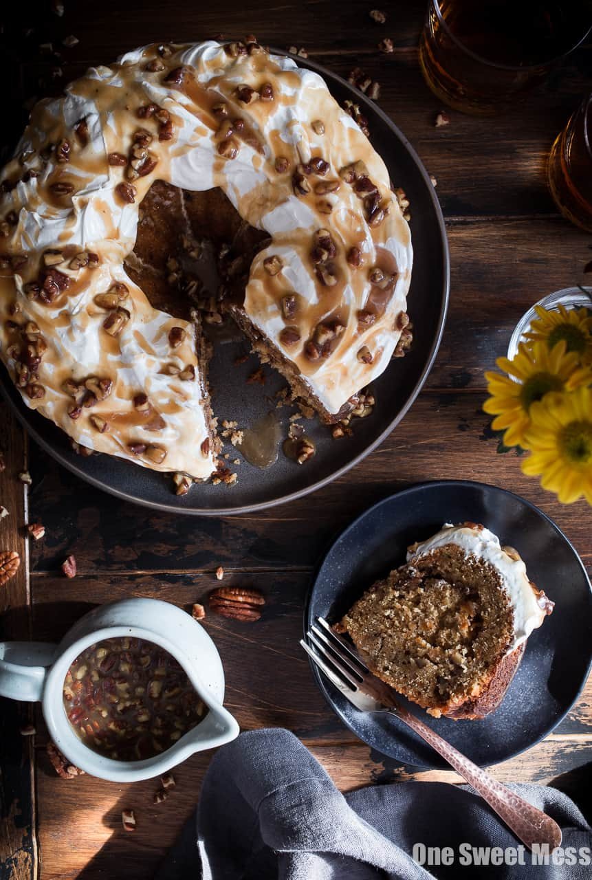 Sweet Potato Bundt Cake with Marshmallow Frosting and Bourbon Pecan Caramel Drizzle