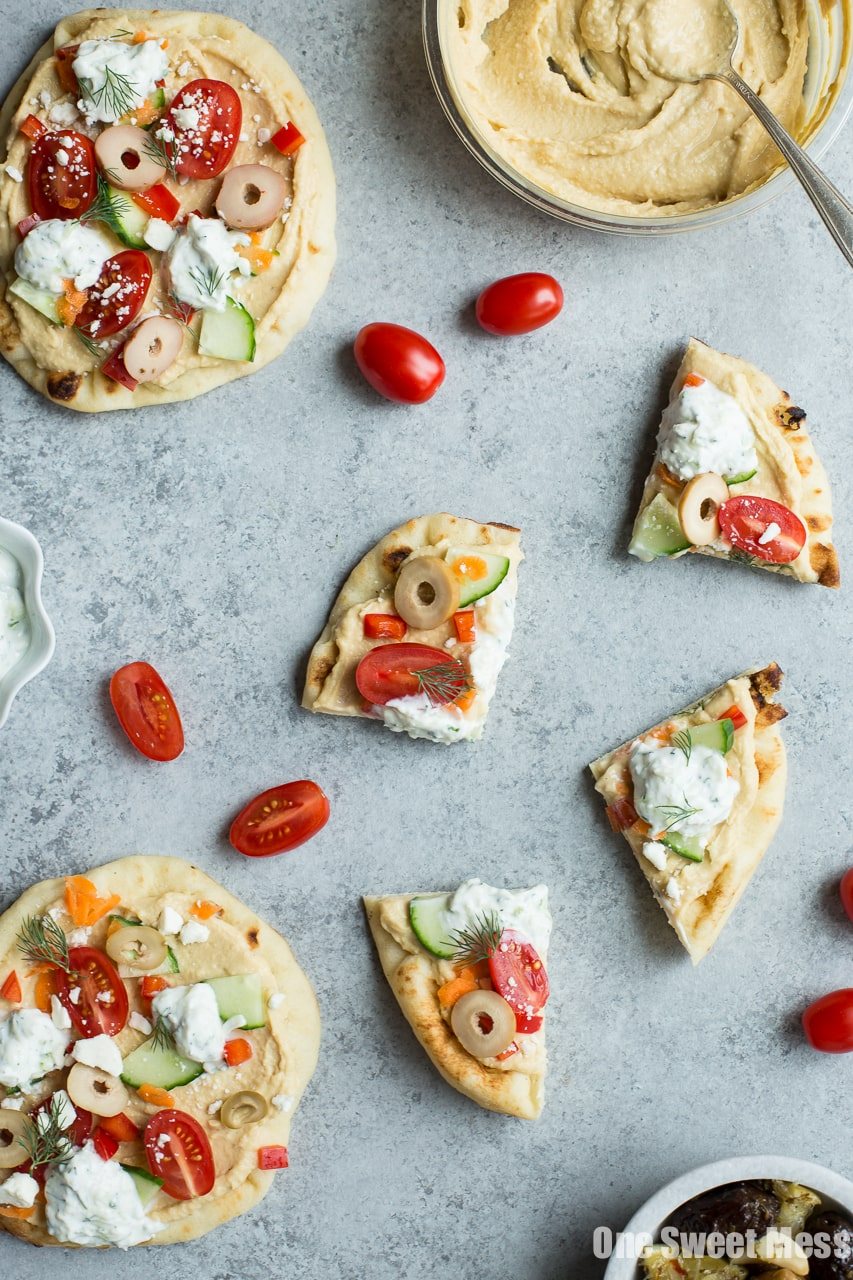Veggie-Loaded Flatbread Pizza with Hummus and Tzatziki