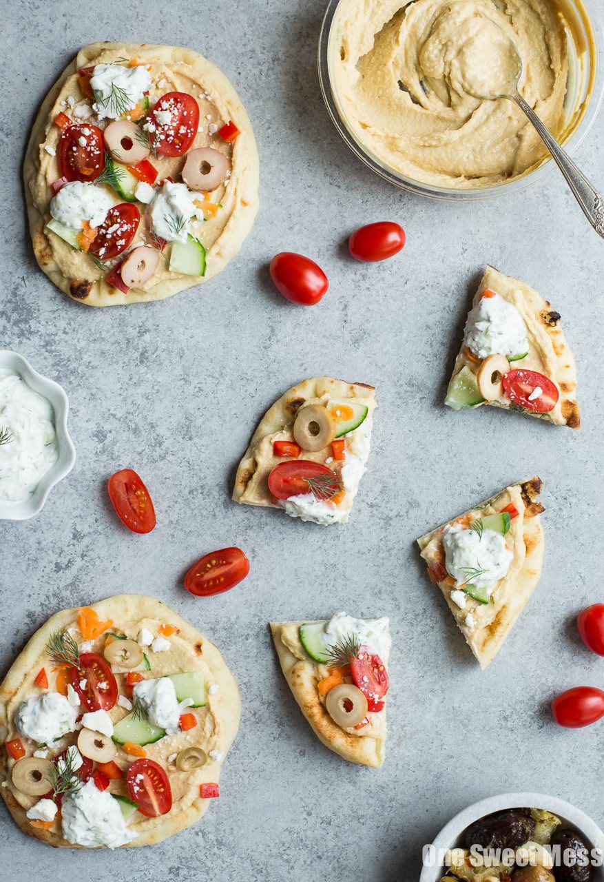 Veggie-Loaded Flatbread Pizza with Hummus and Tzatziki (No-Bake)