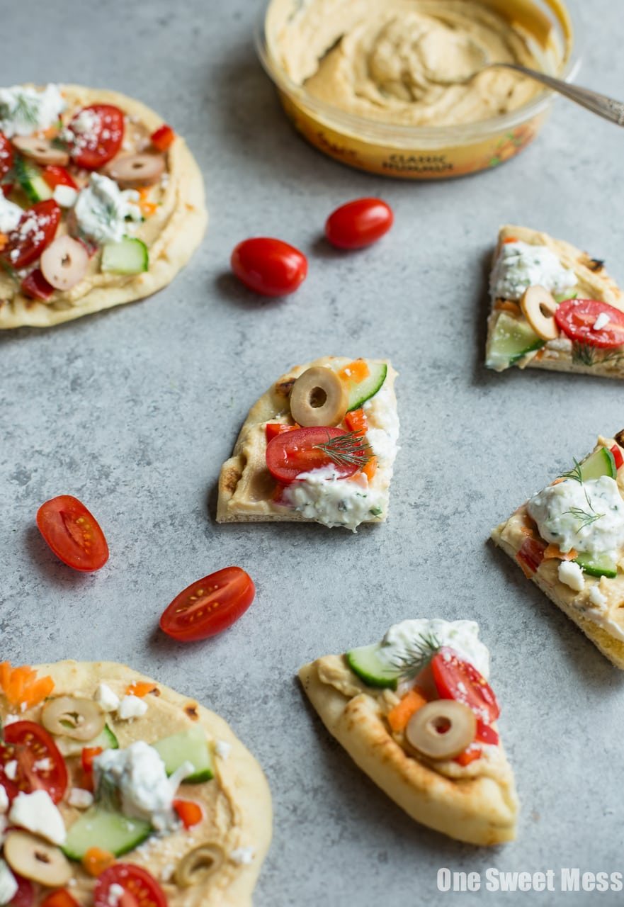 Veggie-Loaded Flatbread Pizza with Hummus and Tzatziki (No-Bake)