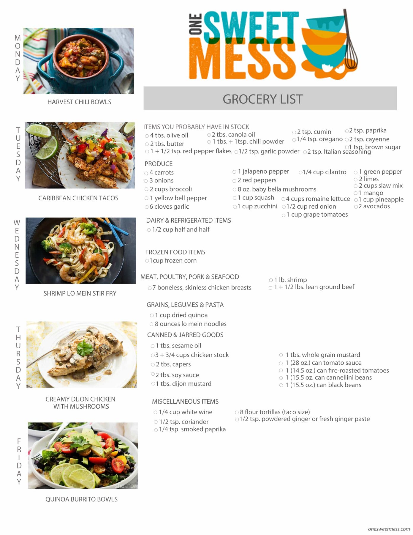 Week of August 17, 2015 Meal Plan with Printable Menu + Grocery List