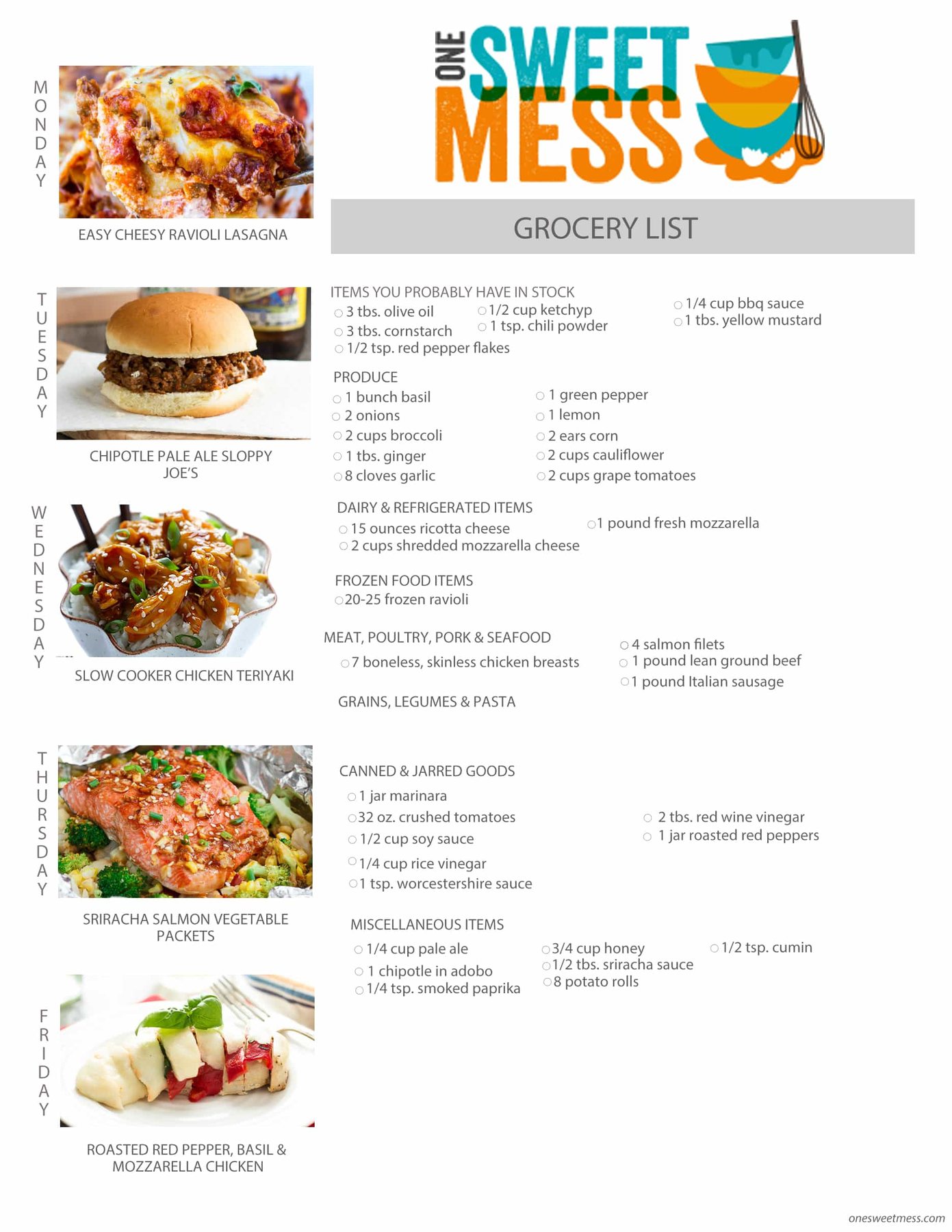 Weekly Meal Plan | August 24th, 2015 with Printable Menu + Grocery List