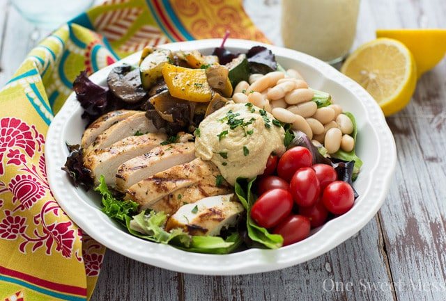 Mediterranean Chicken & Grilled Veggie Salad with Hummus and Lemon Tahini Dressing