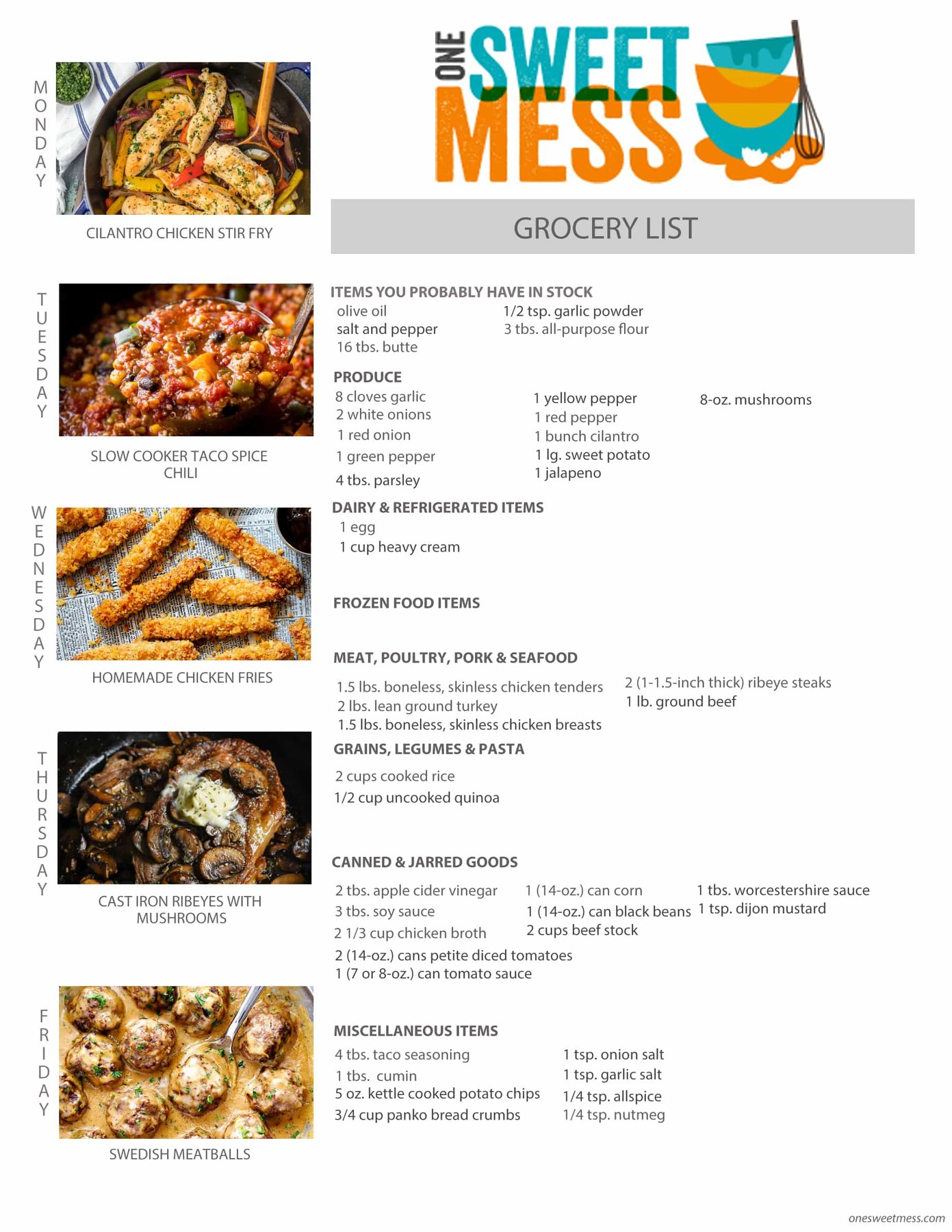 Week of February 20th, 2017 Weekly Meal Plan + Printable Grocery List