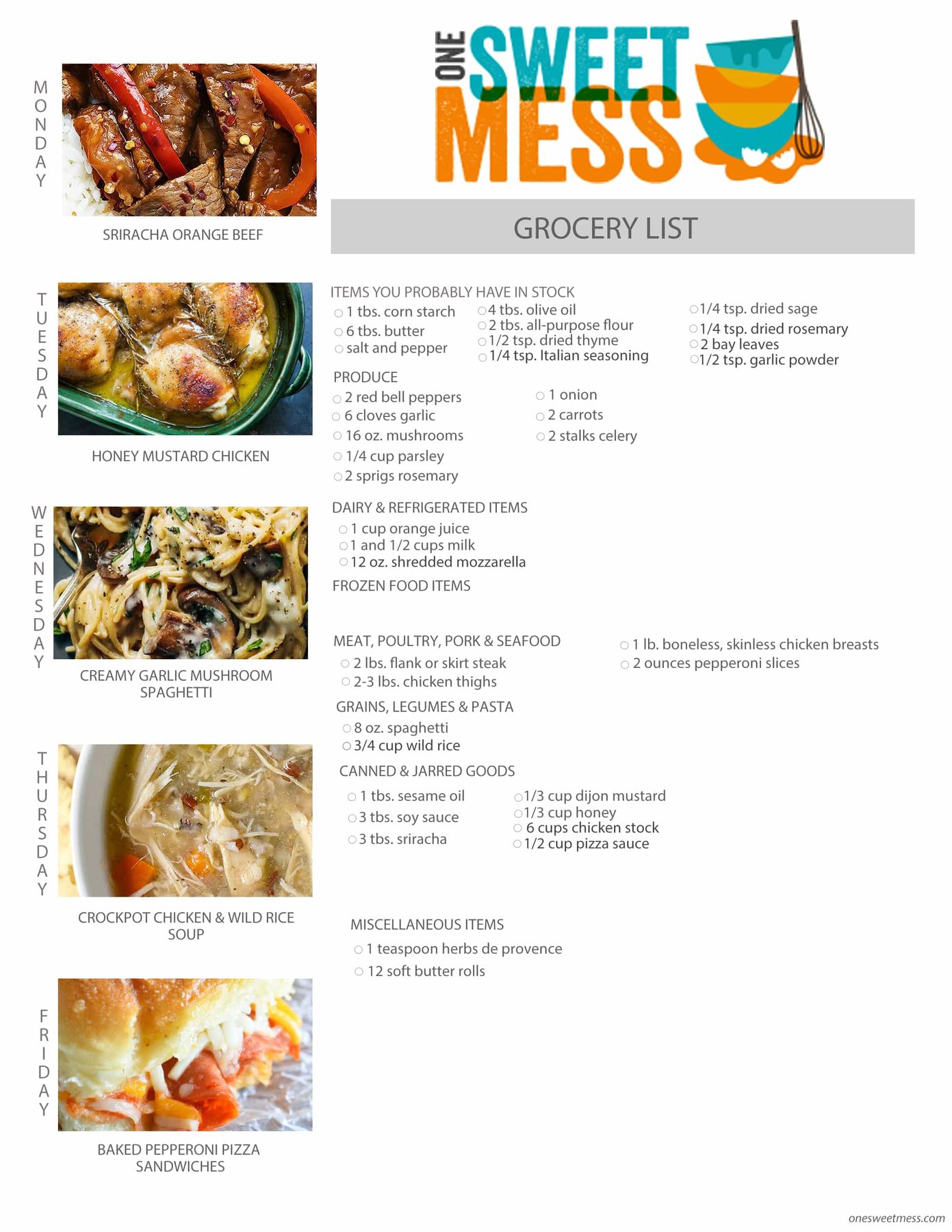 Week of February 22nd, 2016 Weekly Meal Plan + Printable Grocery List