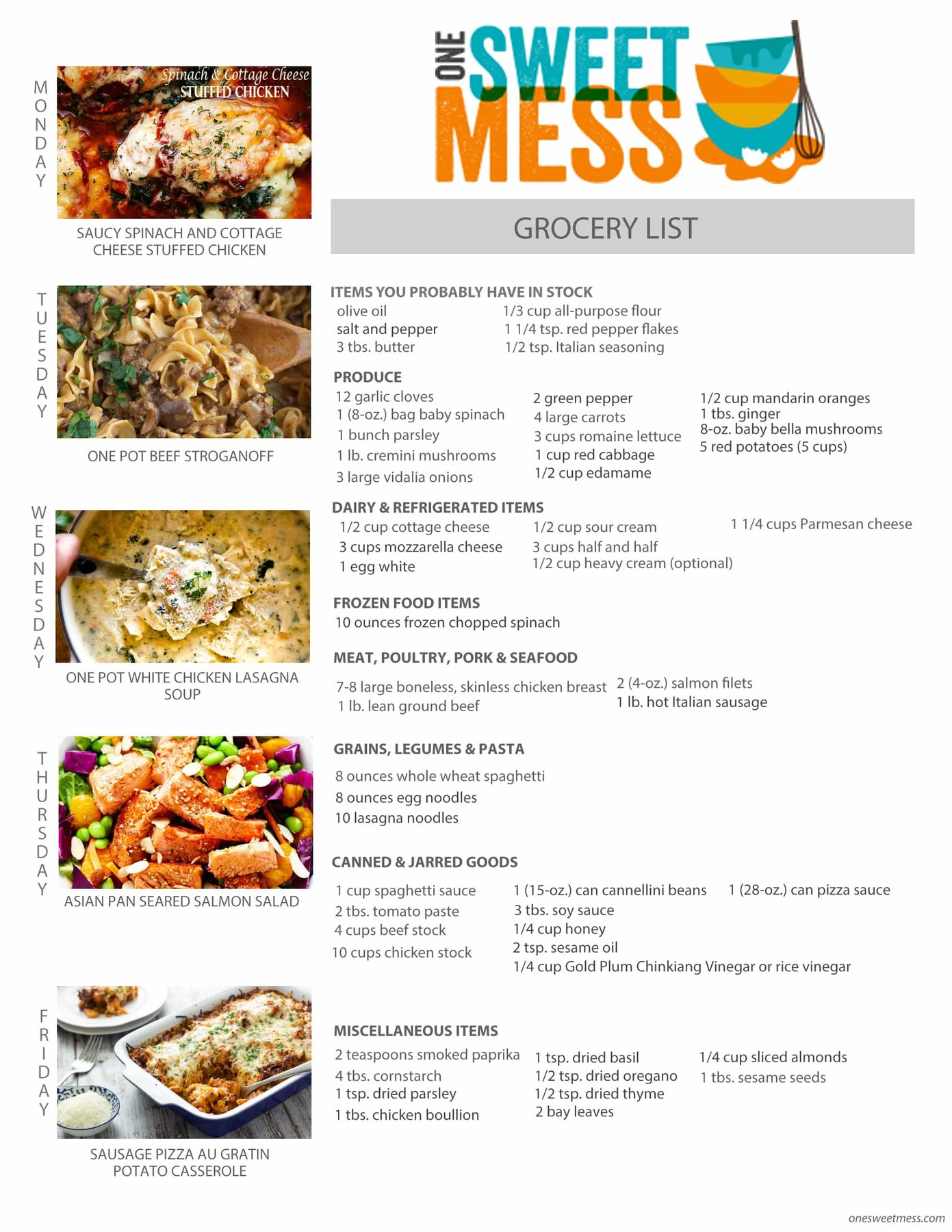 Week of January 16th, 2017 Weekly Meal Plan + Printable Grocery List