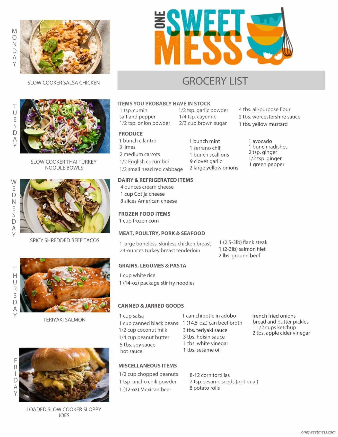 Week of January 9th, 2017 Weekly Meal Plan + Printable Grocery List