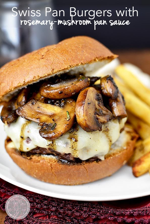 Swiss Pan Burgers with Rosemary Mushroom Sauce