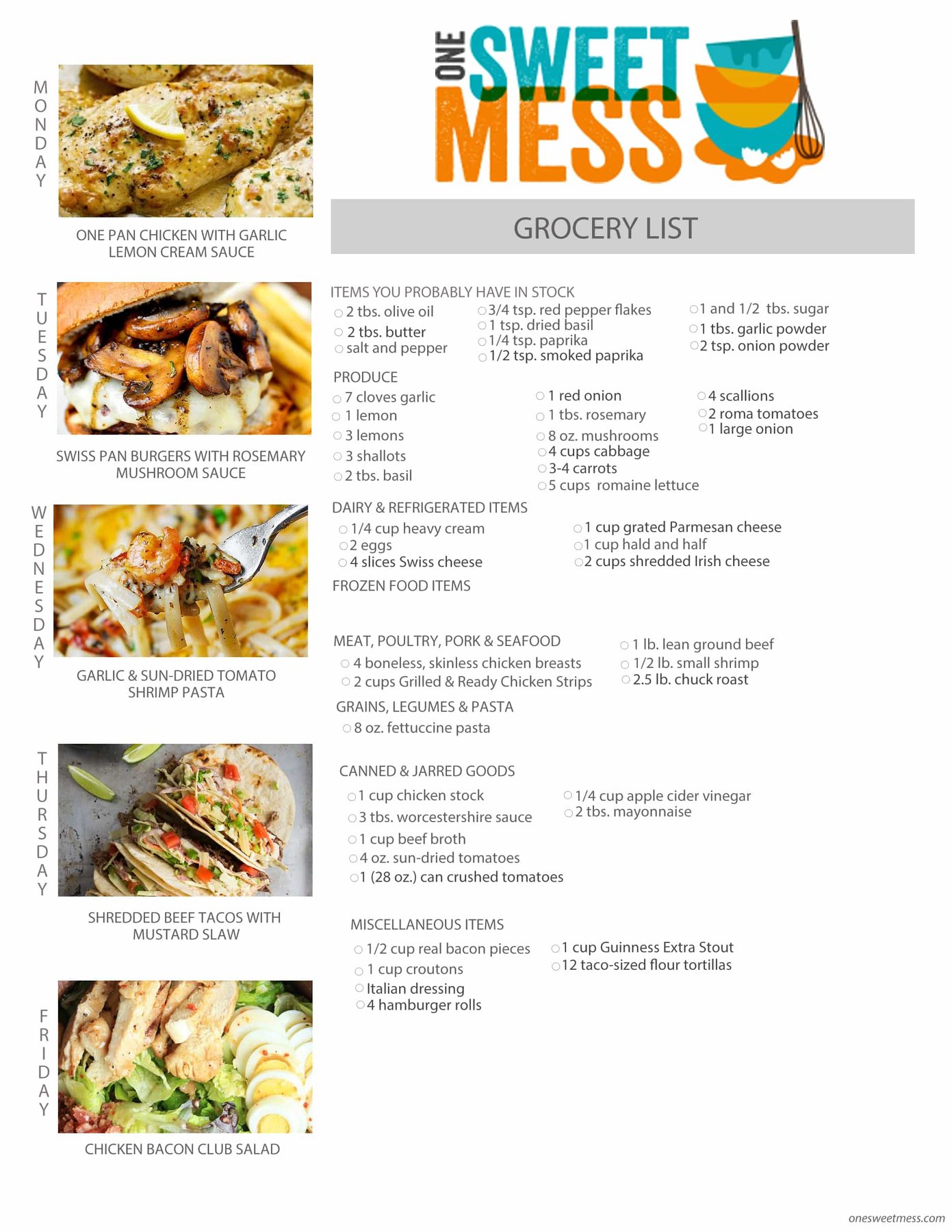 Week of March 14th, 2016 Weekly Meal Plan + Printable Grocery List