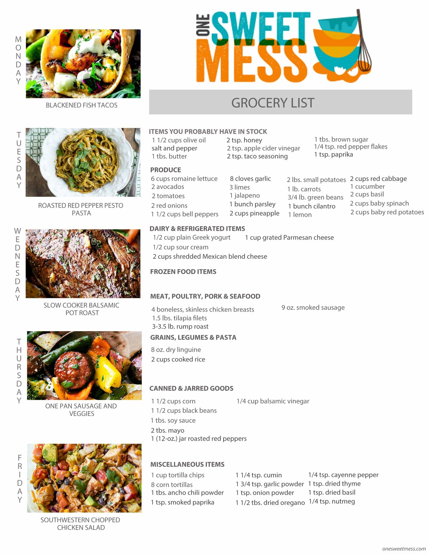Week of March 20th, 2017 Weekly Meal Plan + Printable Grocery List