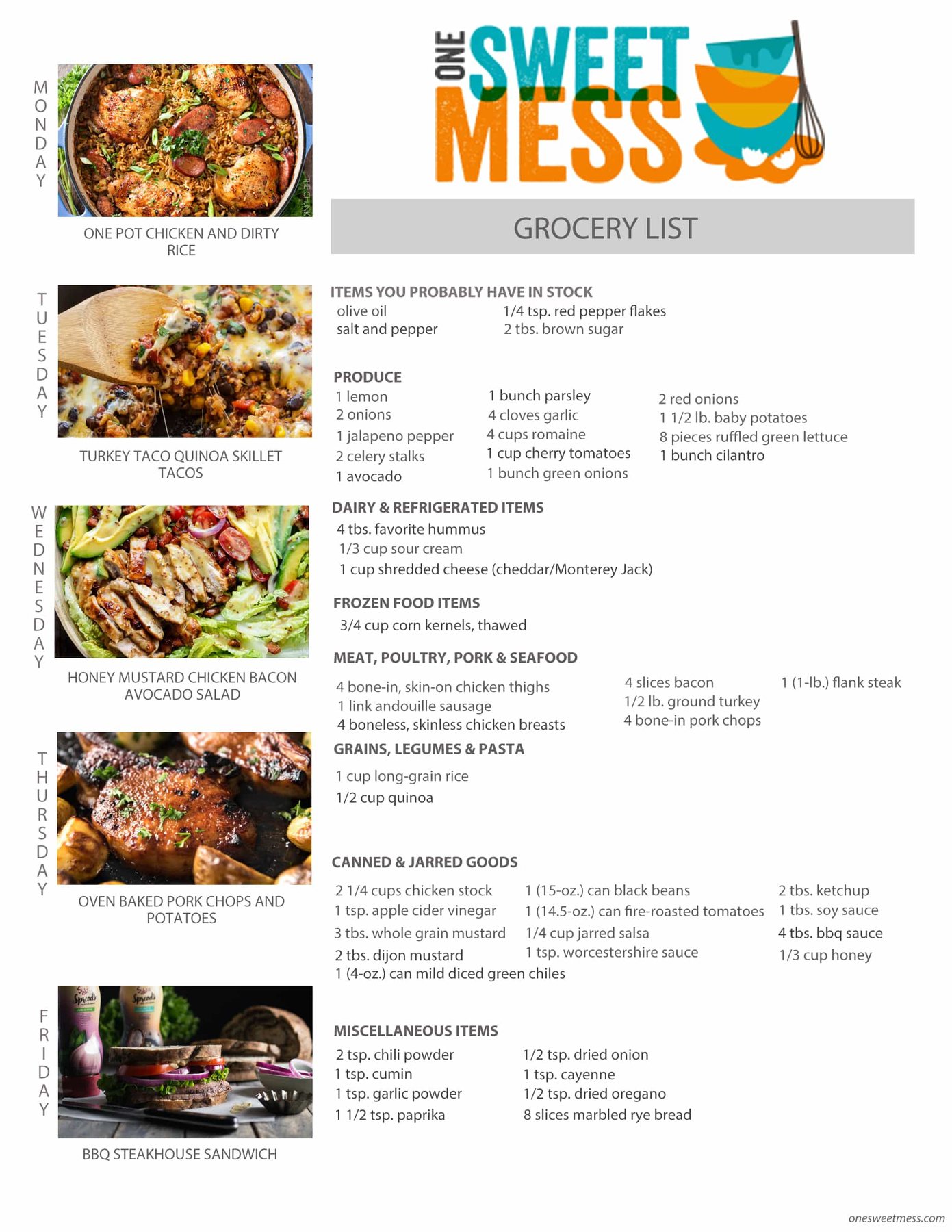 Week of March 27th, 2017 Weekly Meal Plan + Printable Grocery List