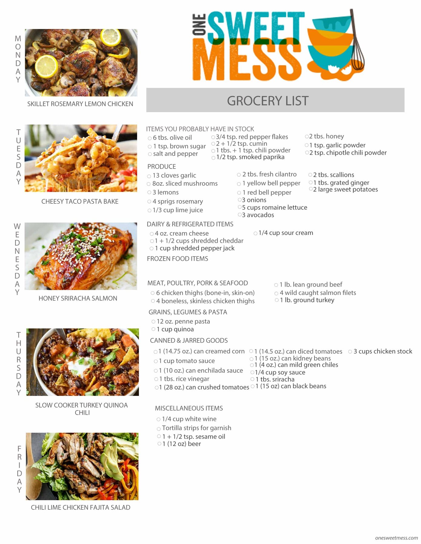 Week of March 7th, 2016 Weekly Meal Plan + Printable Grocery List