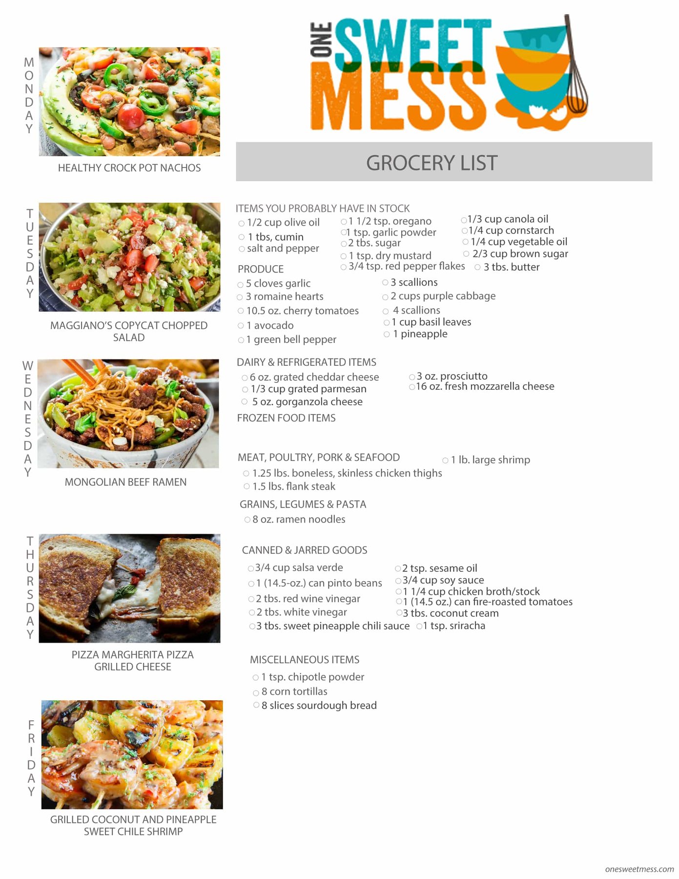 Week of May 9th, 2016 Weekly Meal Plan + Printable Grocery List