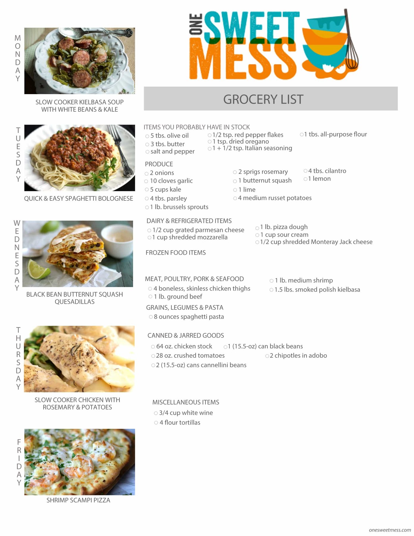 Weekly Meal Plan + Printable Grocery List | Week of November 2nd, 2015