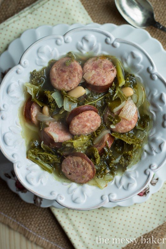 Slow Cooker Kielbasa Soup with Kale and White Beans | www.themessybakerblog.com