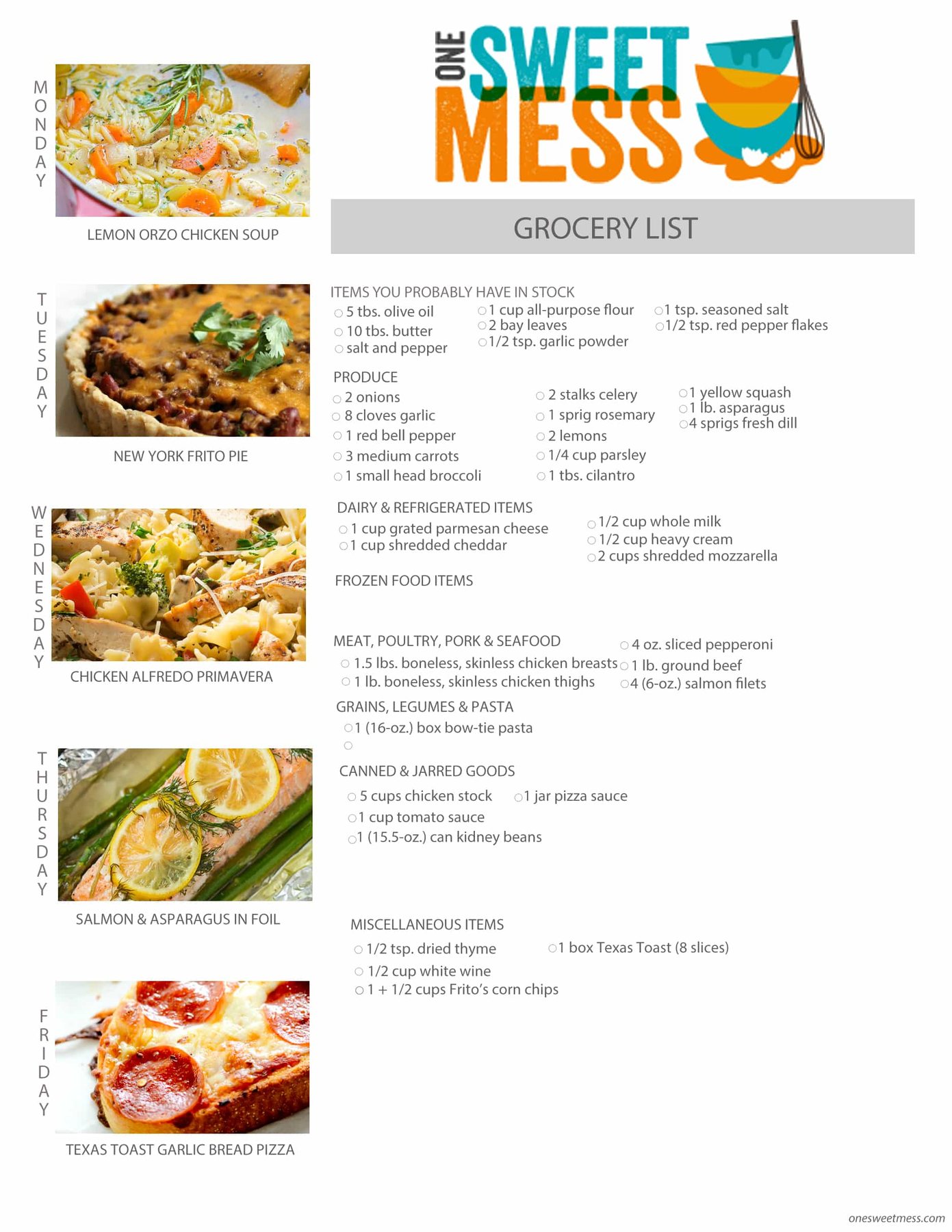 Weekly Meal Plan + Printable Grocery List