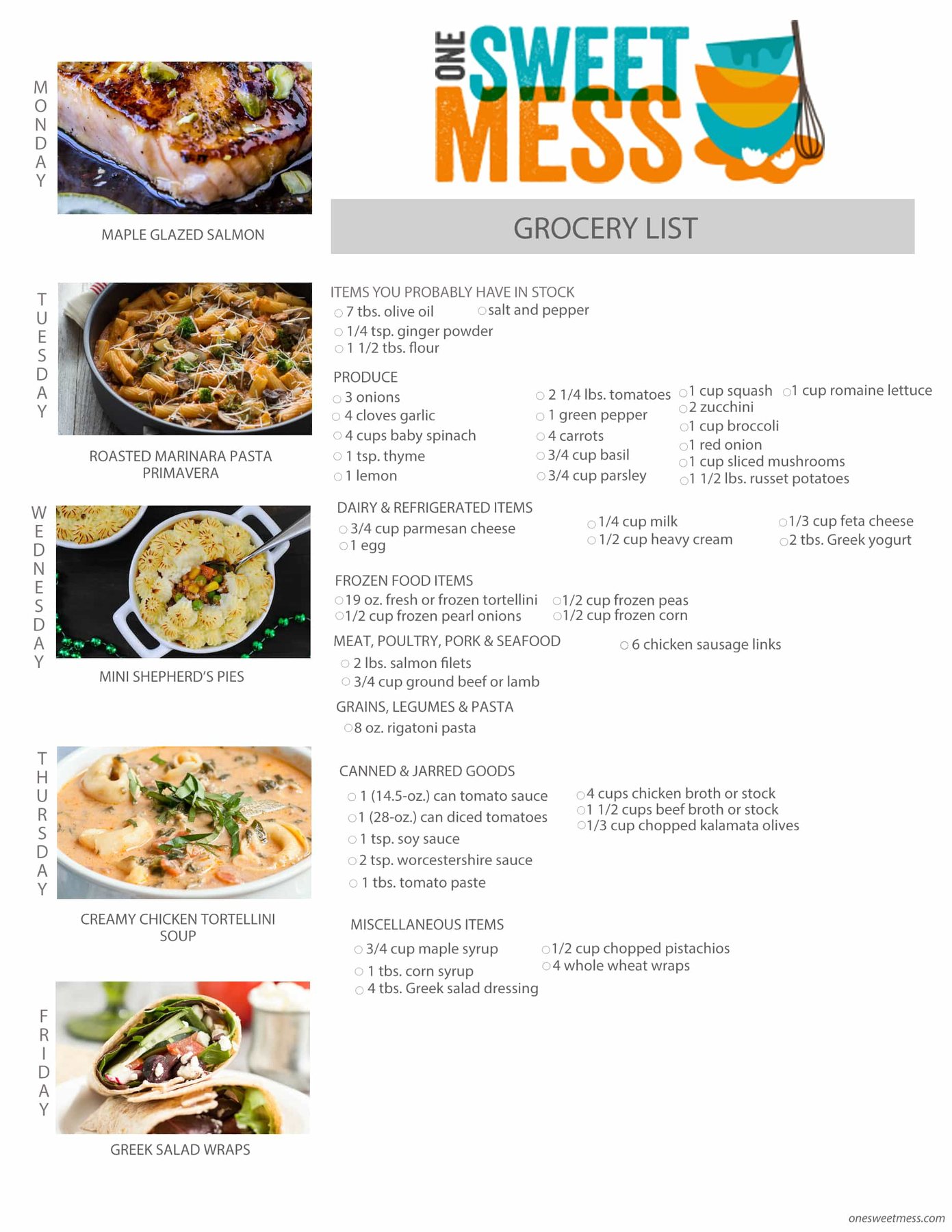 Week of September 14th, 2015 Meal Plan + Printable Grocery List