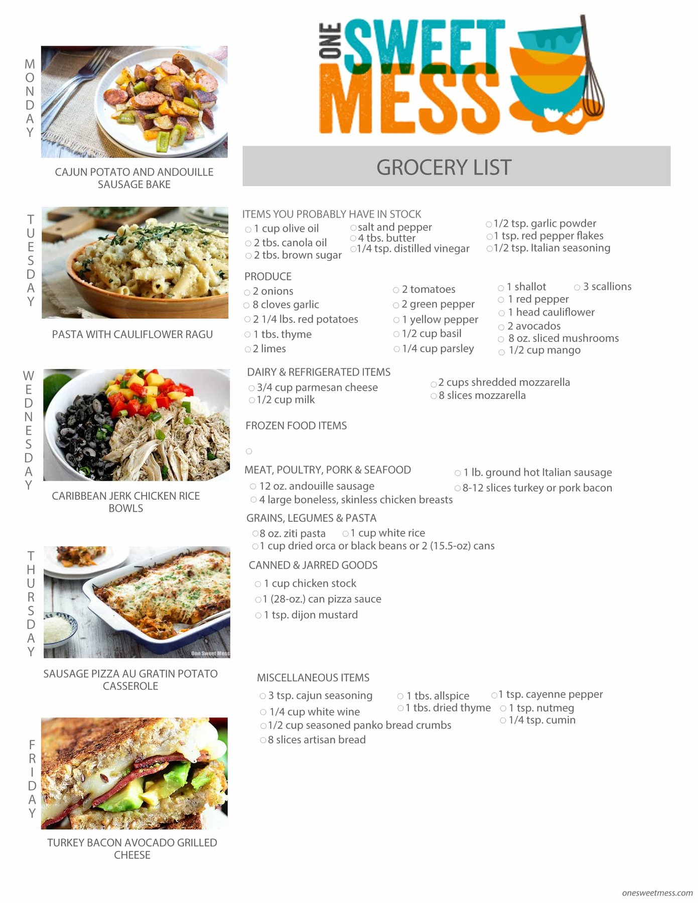 Week of September 21st, 2015 Meal Plan + Printable Grocery List