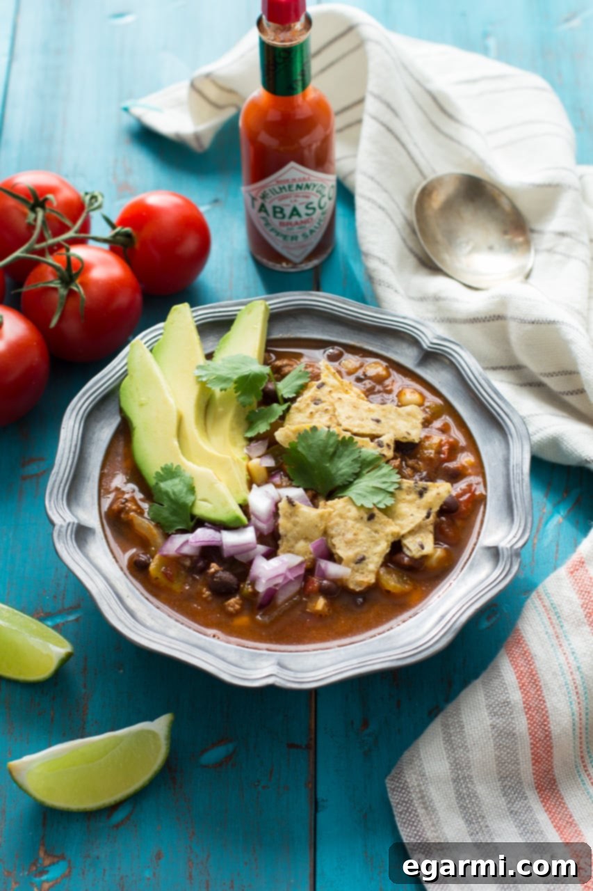 Hearty Chorizo Taco Soup with fresh toppings