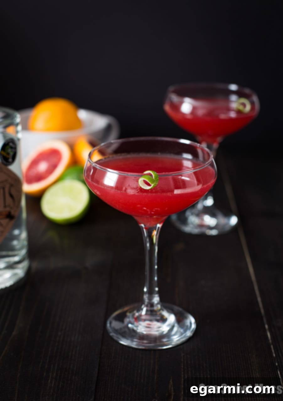 Blood Orange Cosmo Cocktail - Vibrant pink drink in a martini glass, garnished with a blood orange slice.