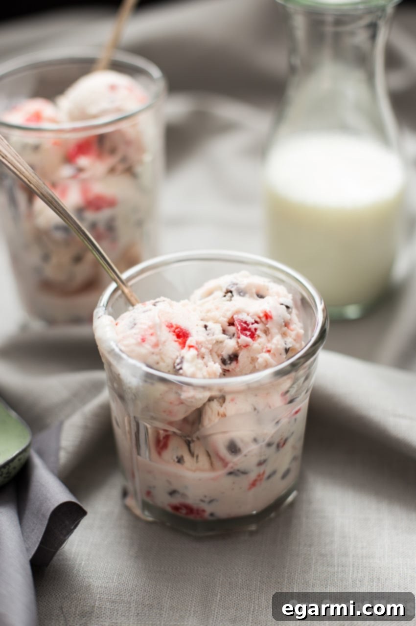 A scoop of homemade Cherry Chocolate Chip Ice Cream in a bowl, with a vintage spoon, against a rustic background