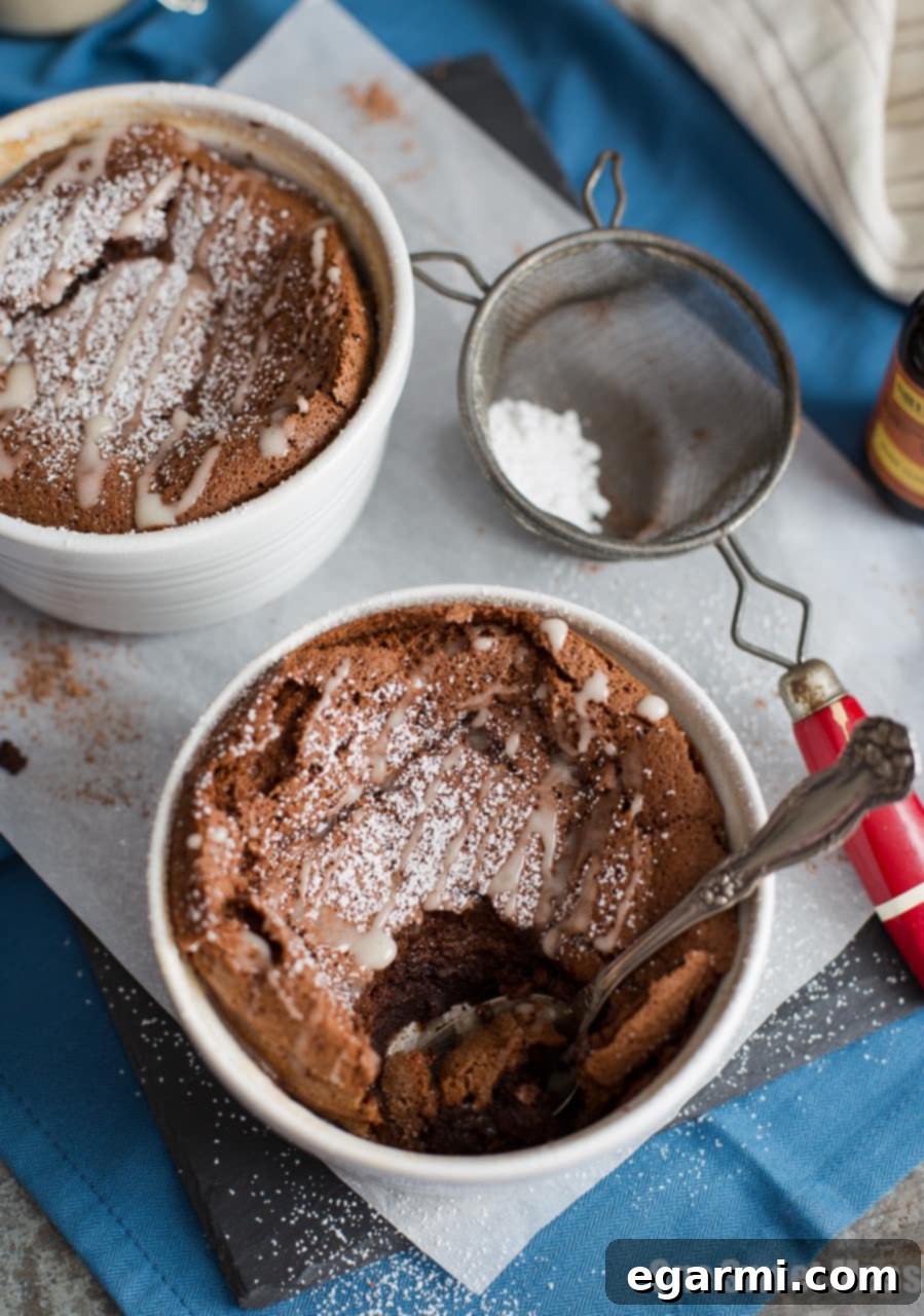 Chocolate Almond Soufflés served with a drizzle of vanilla bean amaretto glaze