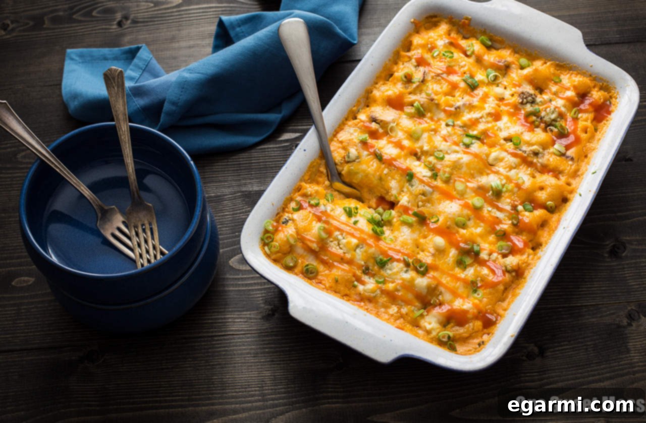 Irresistible Buffalo Chicken Mac and Cheese in a Baking Dish