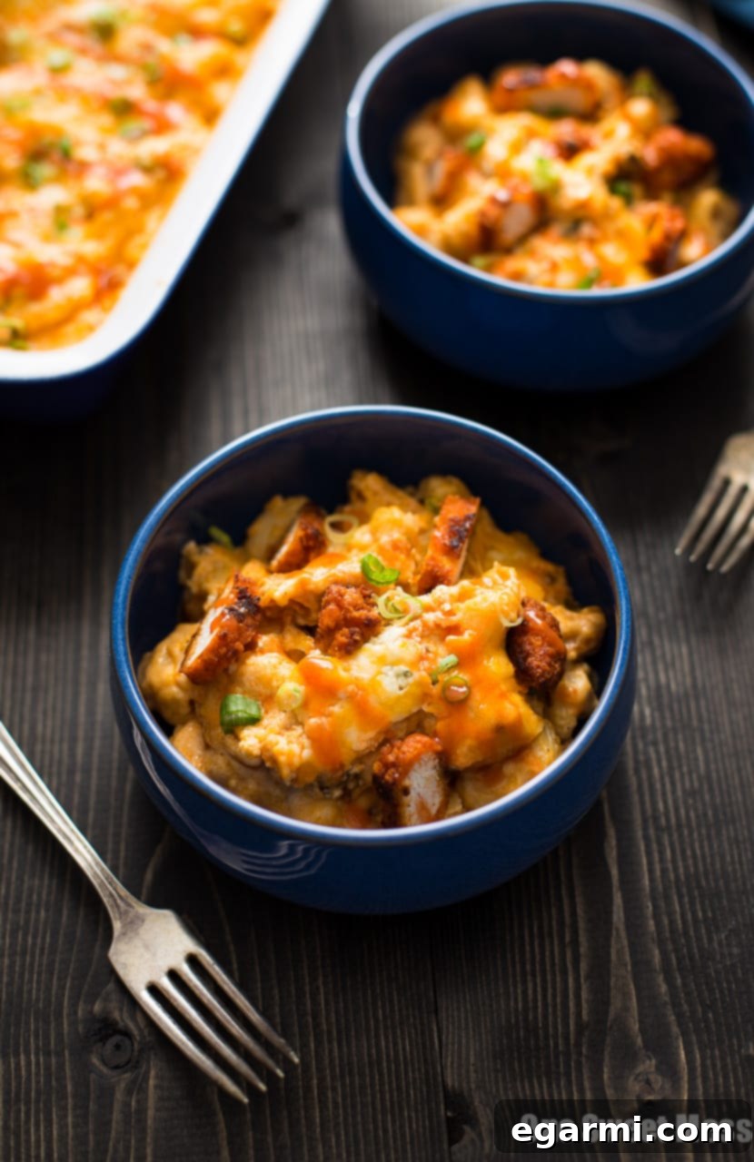 Close-up of Gooey Buffalo Chicken Mac and Cheese with Sauce