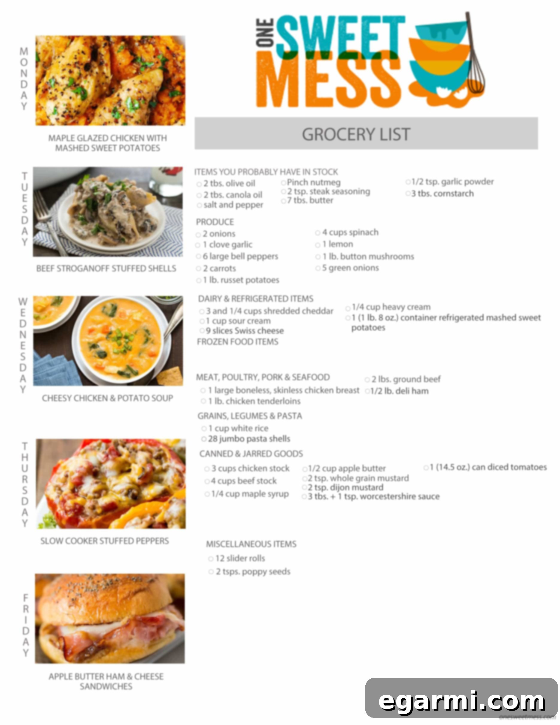 Printable Weekly Meal Plan and Comprehensive Grocery List