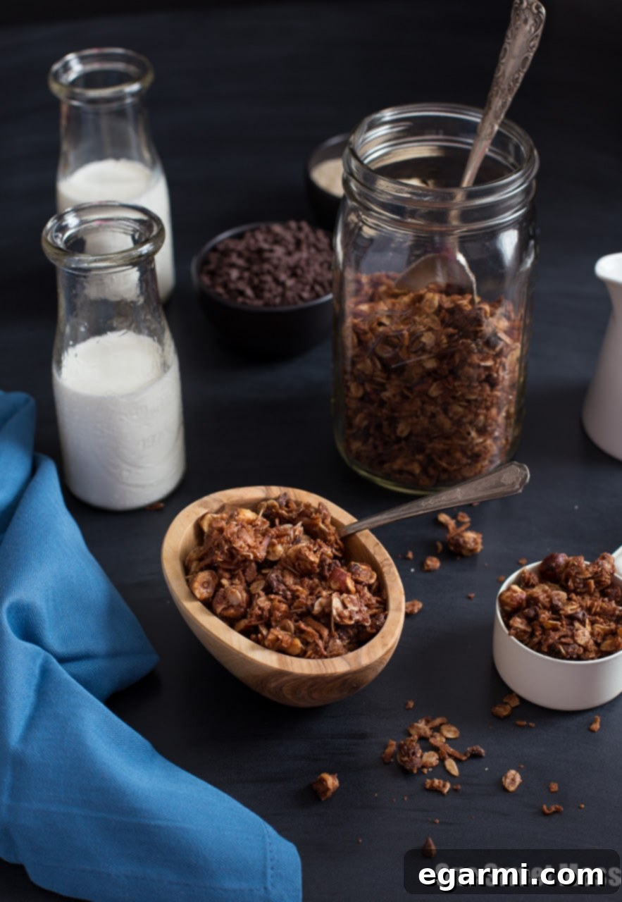 A generous serving of Chocolate Hazelnut Granola, with a visible coating of turbinado sugar
