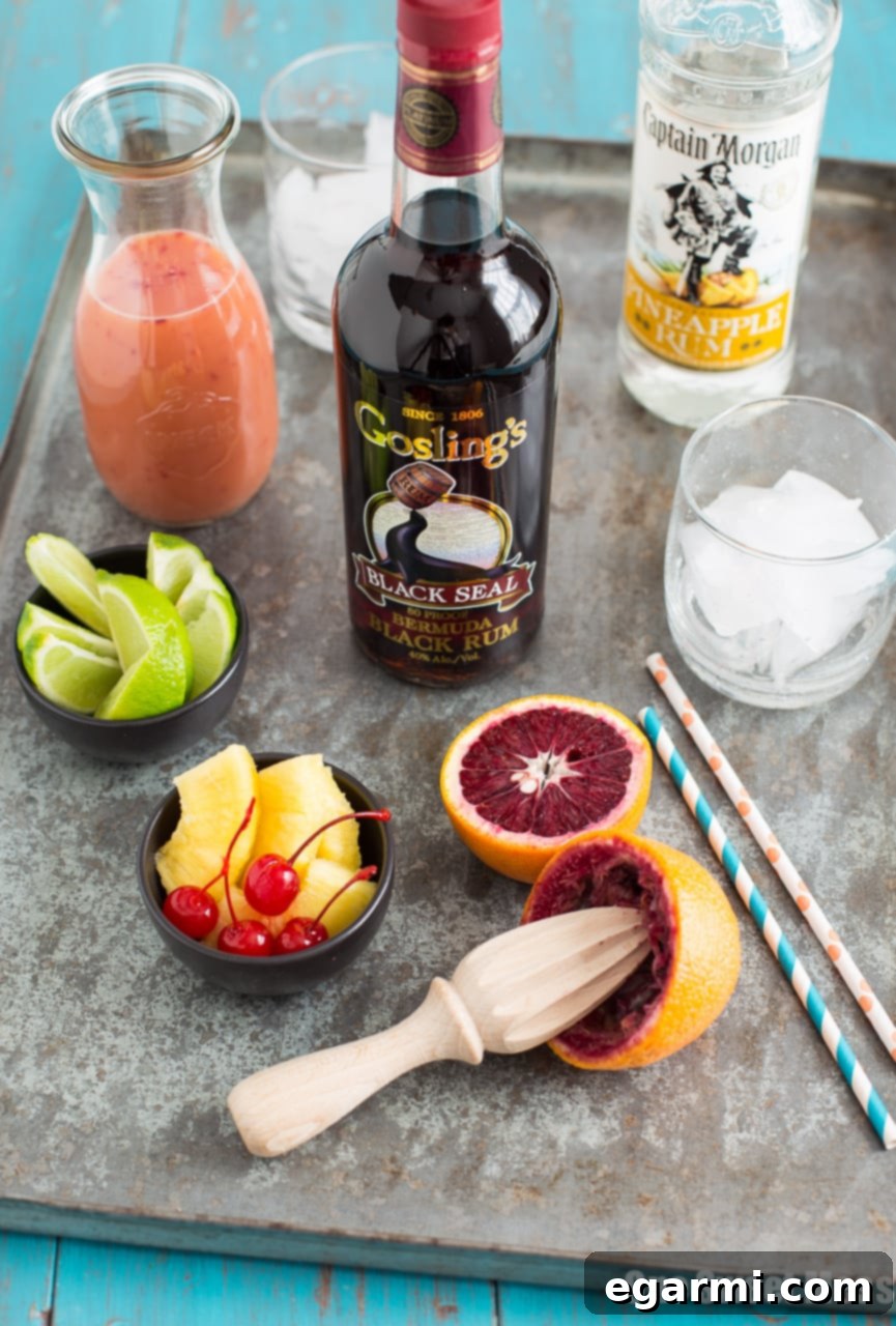 Closeup of a tropical Blood Orange Coconut Mai Tai